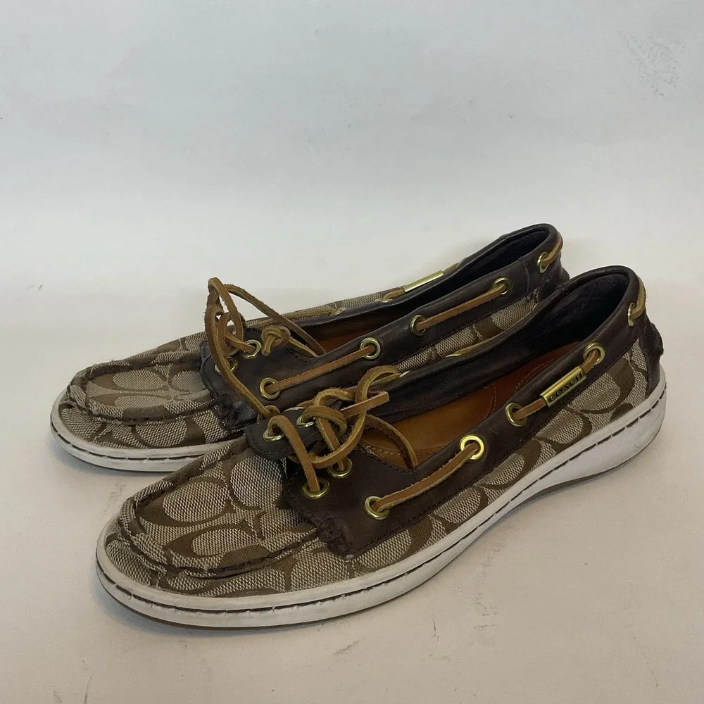 Coach Richelle Topsider Boat Shoes Canvas Leather‎ brown Womens Size 7B Monogram